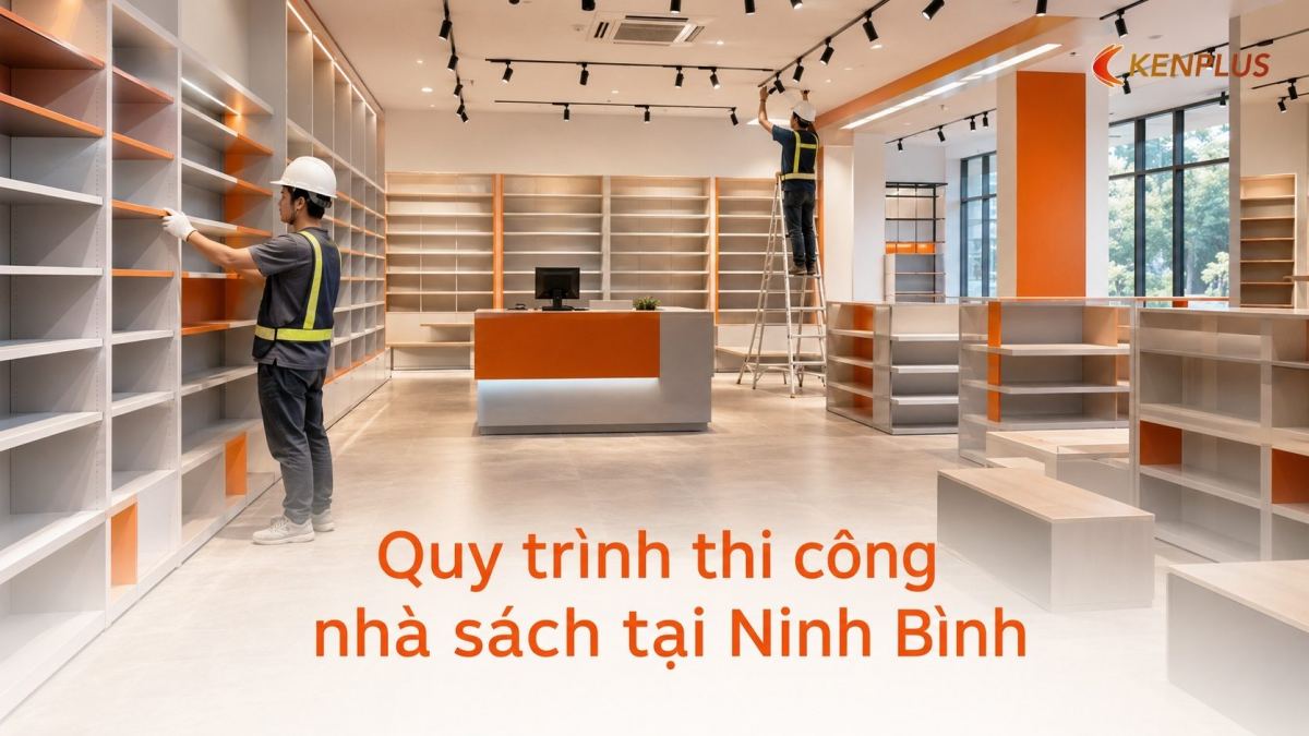 Quy trình thi công nhà sách tại Ninh Bình: kệ, ánh sáng, sàn