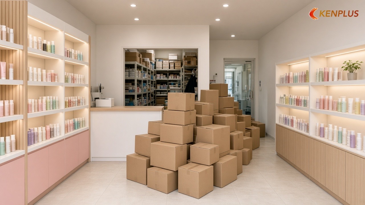 Sai lầm 4: Kho sau quầy quá chật — thùng hàng tràn ra lối đi — 7 sai lầm khi thiết kế shop mỹ phẩm Hàn Quốc