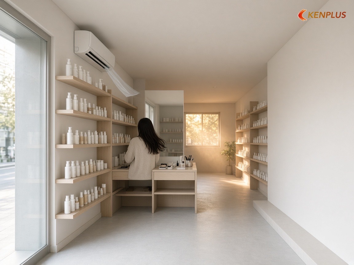 Sai lầm 5: Điều hoà yếu, gió thổi vào quầy thử, cuối tiệm nóng — 7 sai lầm khi thiết kế shop mỹ phẩm Hàn Quốc