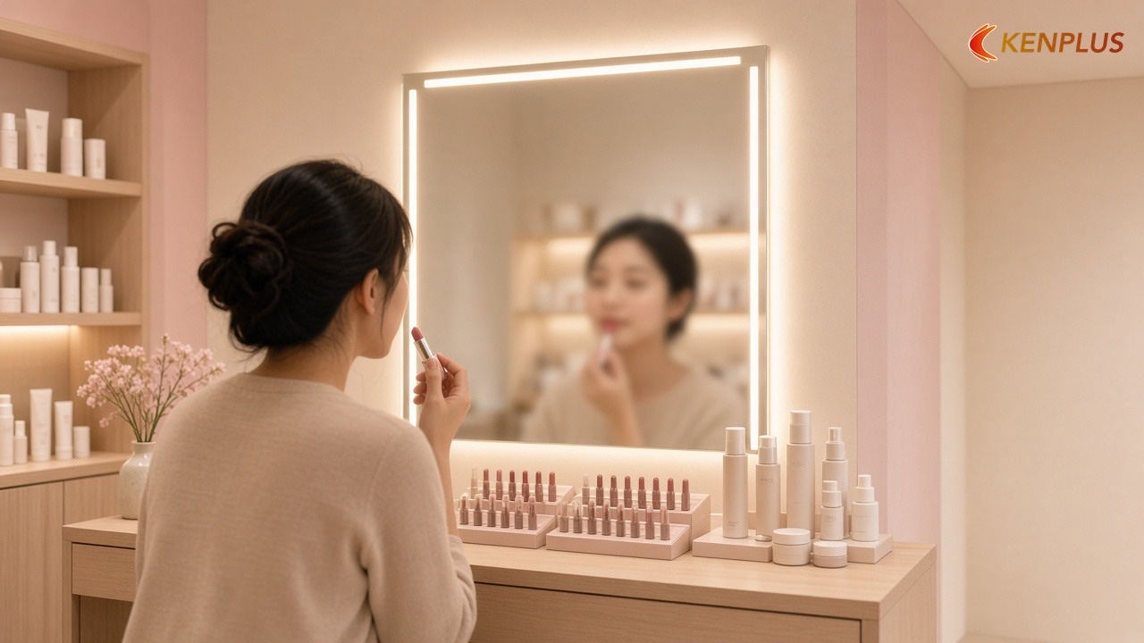 Sai lầm 6: Gương đổ bóng lên mặt khách, đặt sai chỗ — 7 sai lầm khi thiết kế shop mỹ phẩm Hàn Quốc