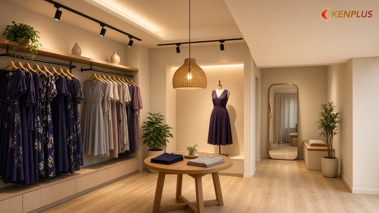 Sai lầm 5: Dùng một loại đèn cho cả tiệm — 7 sai lầm khi thiết kế shop thời trang nữ Sai lầm 5: Dùng một loại đèn cho cả tiệm — 7 sai lầm khi thiết kế shop thời trang nữ