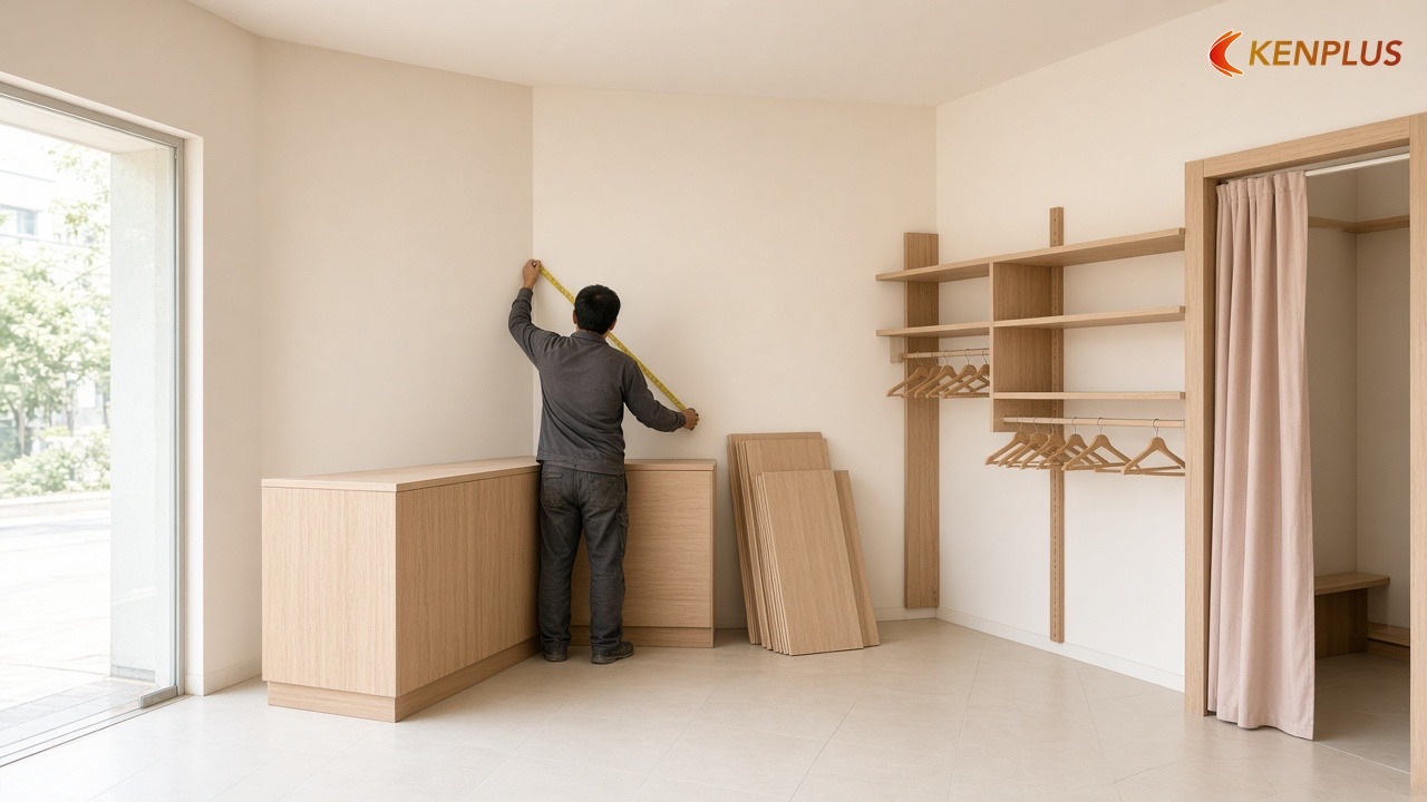 Bước 6: Đồ gỗ, phòng thử và biển hiệu — Các bước thi công shop thời trang trẻ em đúng trình tự