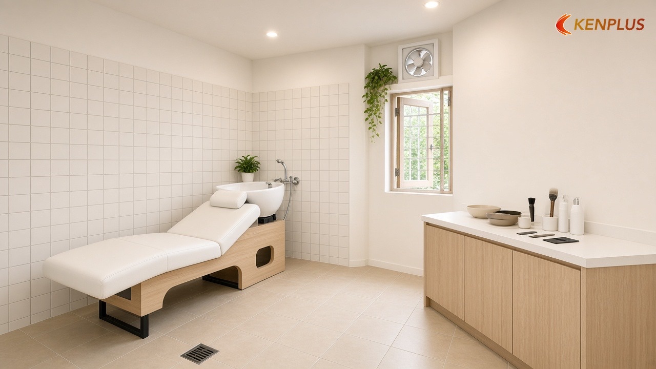 Chống thấm, mùi hóa chất và ánh sáng — Cách bố trí salon tóc nữ 30m² hợp lý Chống thấm, mùi hóa chất và ánh sáng — Cách bố trí salon tóc nữ 30m² hợp lý