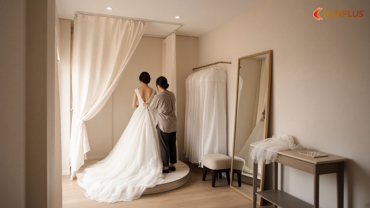 Bảng kích thước khu thử váy trên studio 60 m² — Cách bố trí studio áo cưới 60m² hợp lý Bảng kích thước khu thử váy trên studio 60 m² — Cách bố trí studio áo cưới 60m² hợp lý