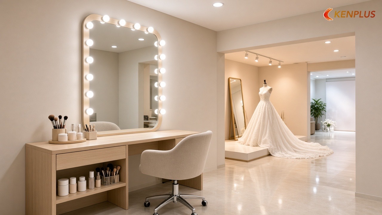 Khu makeup và điện chiếu sáng phân vùng — Cách bố trí studio áo cưới 60m² hợp lý Khu makeup và điện chiếu sáng phân vùng — Cách bố trí studio áo cưới 60m² hợp lý