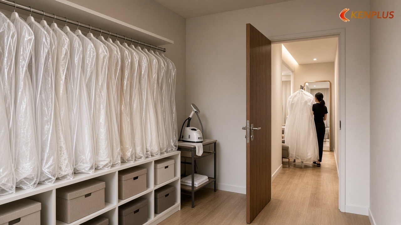 Kho váy và lưu thông nhân viên — Cách bố trí studio áo cưới 60m² hợp lý Kho váy và lưu thông nhân viên — Cách bố trí studio áo cưới 60m² hợp lý