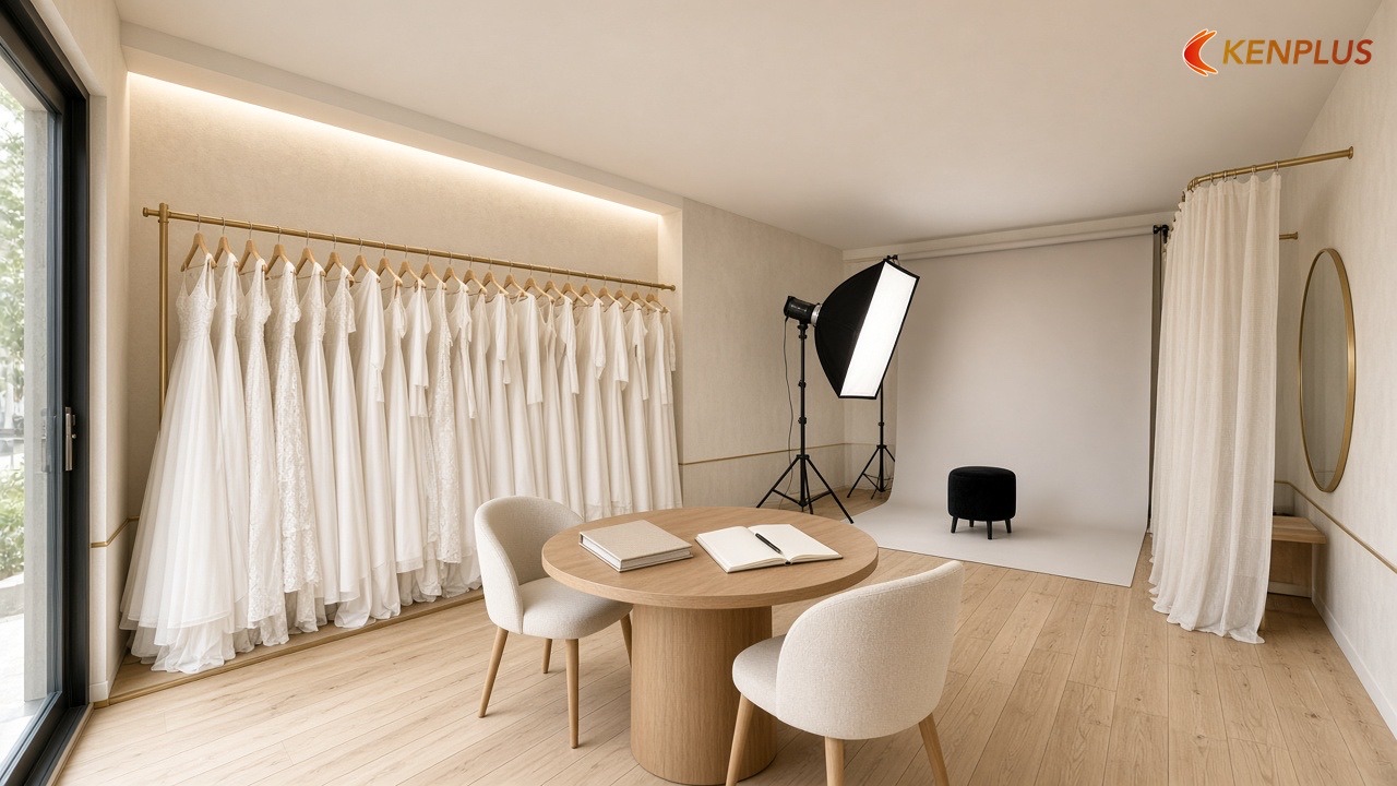 Neo công trình KenPlus để đối chiếu ngân sách 60 m² — Cách bố trí studio áo cưới 60m² hợp lý Neo công trình KenPlus để đối chiếu ngân sách 60 m² — Cách bố trí studio áo cưới 60m² hợp lý