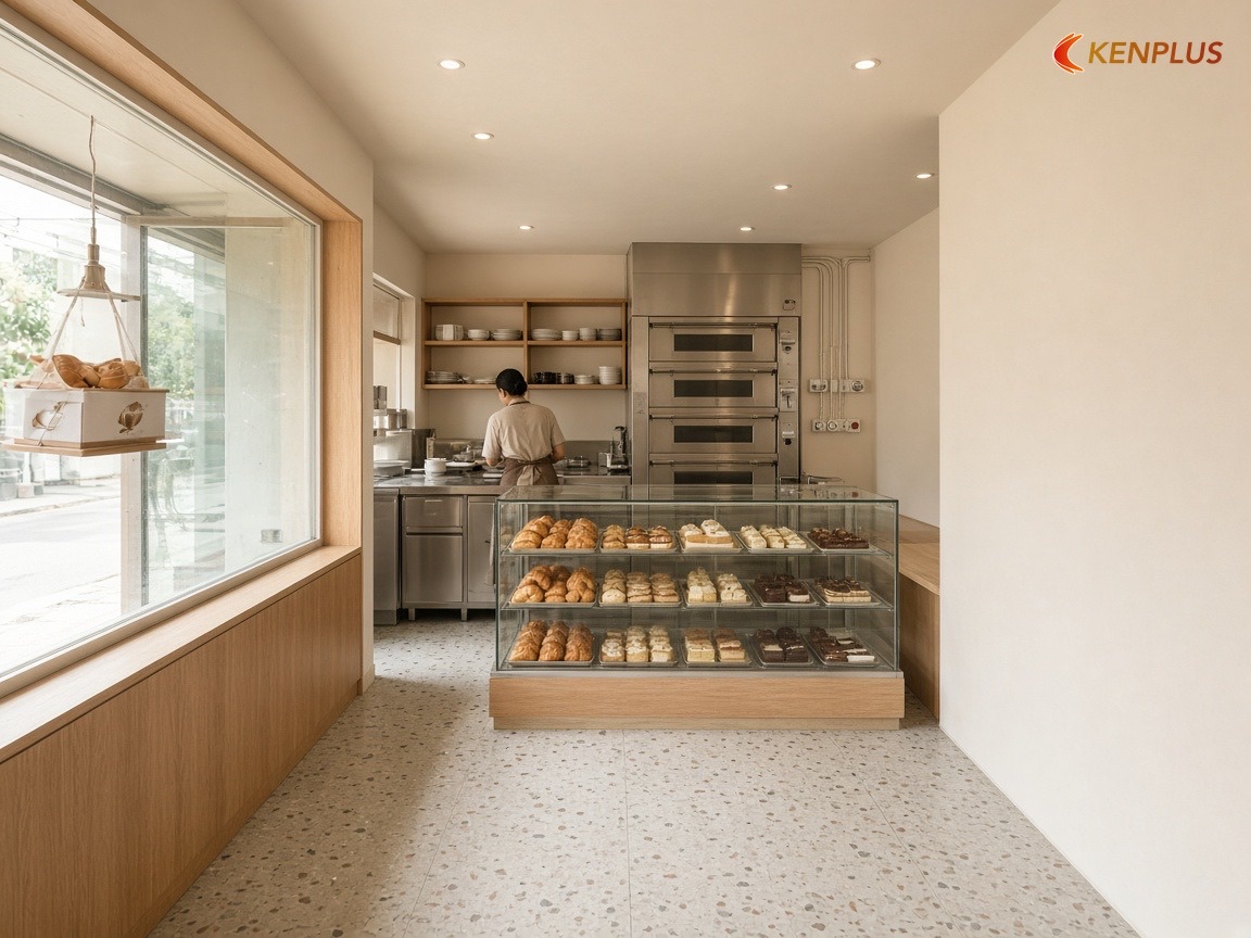 Ví dụ minh hoạ: chia chiều sâu và cộng tải điện — Cách bố trí tiệm bánh ngọt 30m² hợp lý
