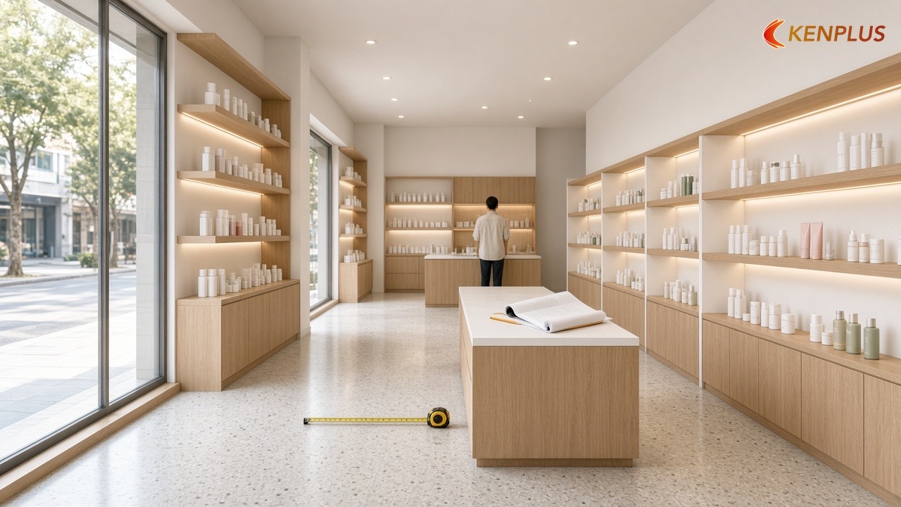 Soát kích thước kệ và lối đi trên bản vẽ thầu gửi — Cách chọn nhà thầu thi công shop mỹ phẩm Hàn Quốc