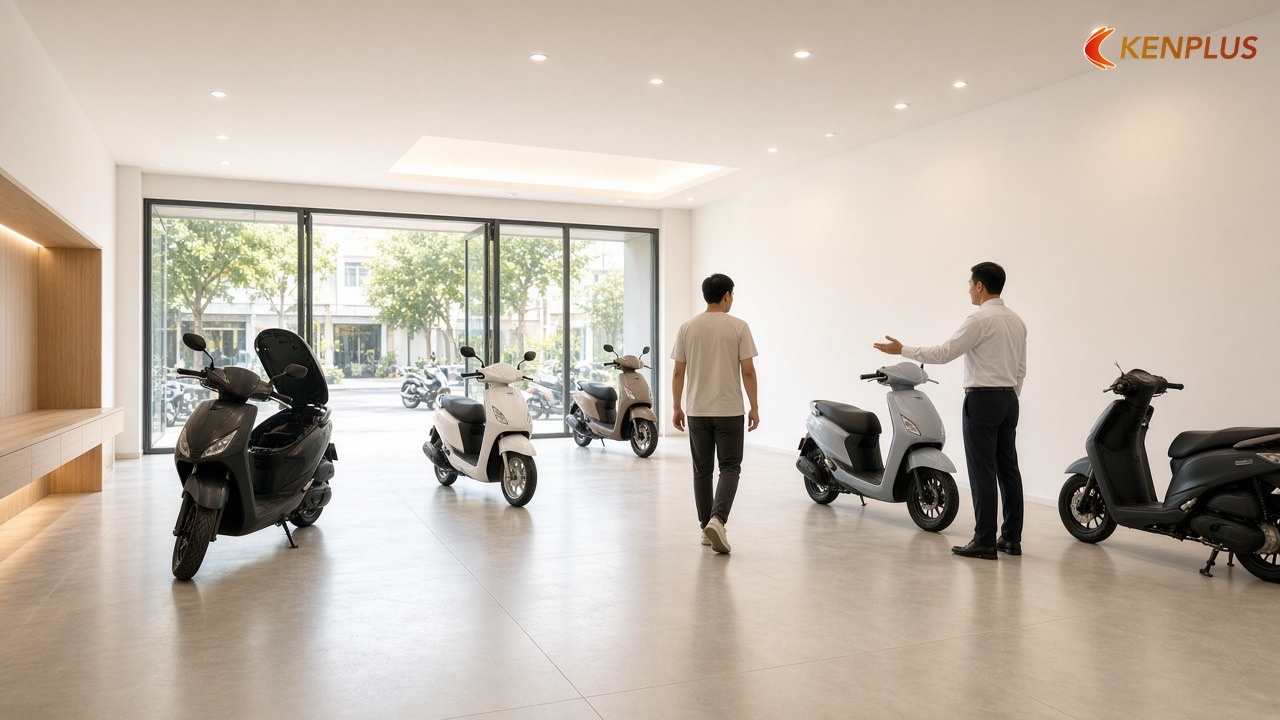 Sơ đồ hành trình khách trong showroom xe máy — Chi phí thi công showroom xe máy 80m² Sơ đồ hành trình khách trong showroom xe máy — Chi phí thi công showroom xe máy 80m²