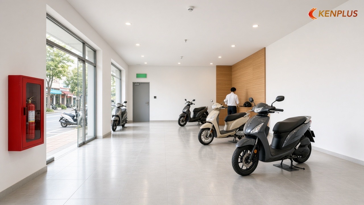 Phòng cháy: việc cần hỏi trước khi chốt bản vẽ — Chi phí thi công showroom xe máy 80m² Phòng cháy: việc cần hỏi trước khi chốt bản vẽ — Chi phí thi công showroom xe máy 80m²