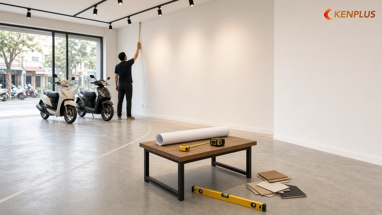 Trình tự làm việc để giữ ngân sách — Chi phí thi công showroom xe máy 80m² Trình tự làm việc để giữ ngân sách — Chi phí thi công showroom xe máy 80m²