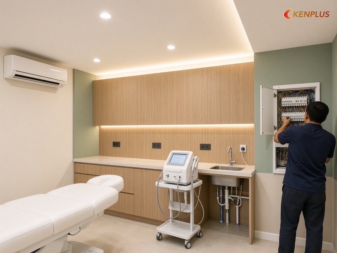 Điện, nước và ánh sáng cho phòng chăm sóc da — Chi phí thi công spa chăm sóc da 50m² Điện, nước và ánh sáng cho phòng chăm sóc da — Chi phí thi công spa chăm sóc da 50m²