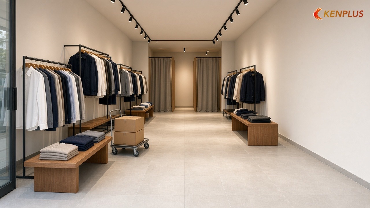 Vật liệu sàn: từ cửa vào đến phòng thử — Chọn vật liệu thi công shop thời trang nam