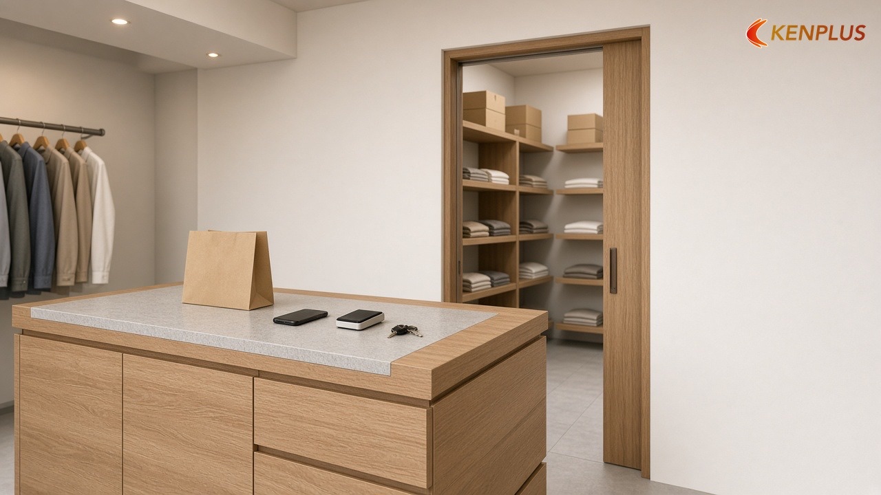 Quầy thu ngân và kho nhỏ — Chọn vật liệu thi công shop thời trang nam
