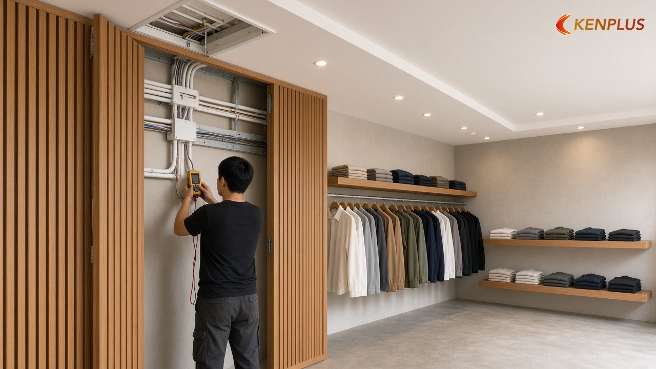 An toàn điện và chống cháy khi ốp gỗ — Chọn vật liệu thi công shop thời trang nam