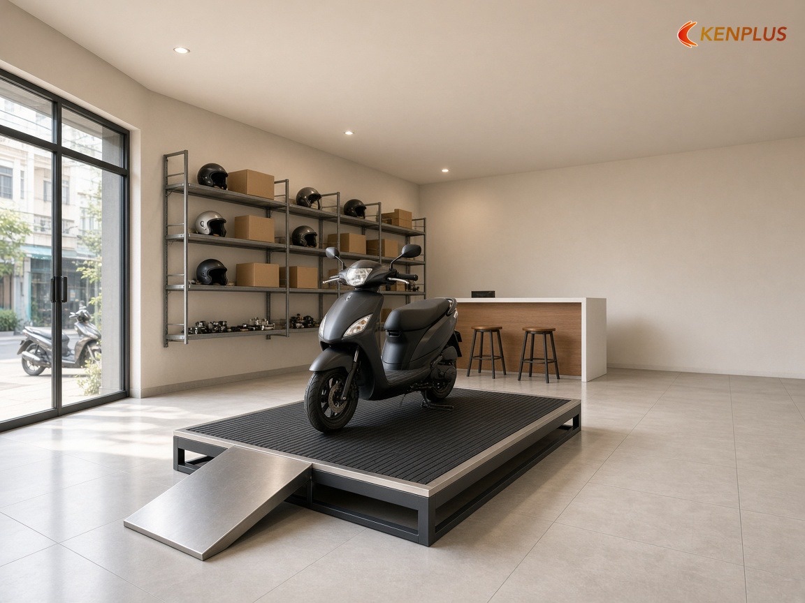 Bục trưng bày, kệ phụ tùng và quầy tư vấn — Chọn vật liệu thi công showroom xe máy