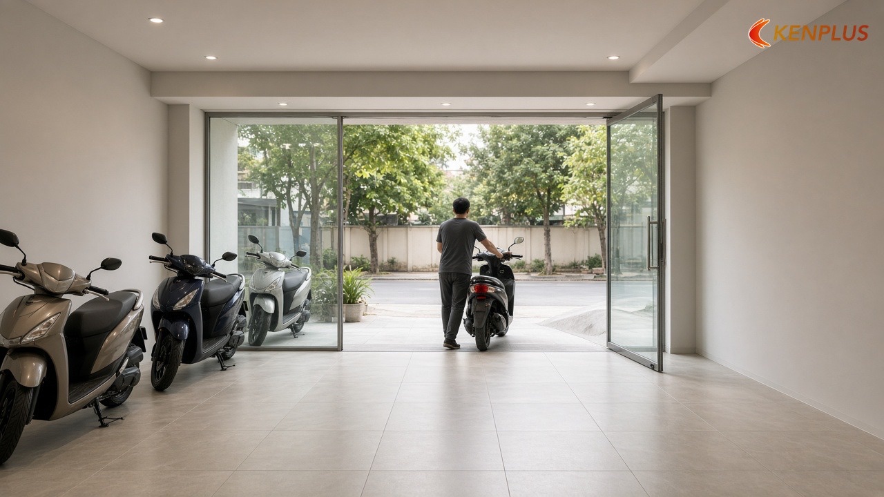 Cửa và lối dắt xe — Chọn vật liệu thi công showroom xe máy