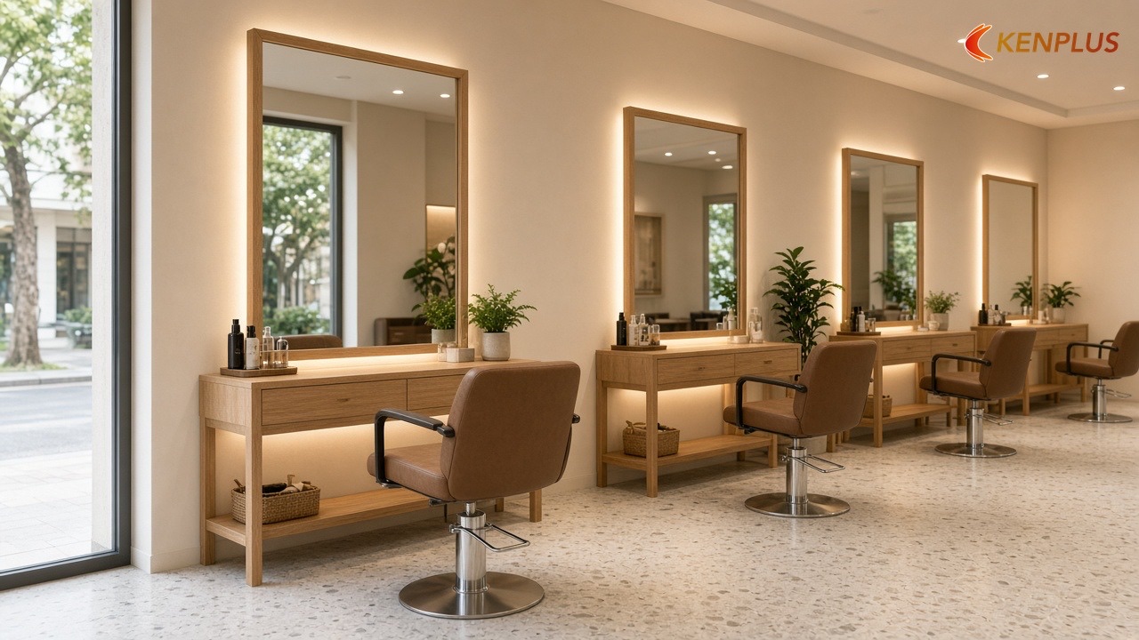Gương bàn cắt rộng bao nhiêu và đặt cách ghế bao xa — Gương thường hay gương tráng bạc cho salon tóc nữ