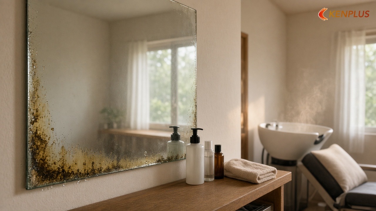 Ẩm, hoá chất và mép gương: vì sao gương hỏng sớm — Gương thường hay gương tráng bạc cho salon tóc nữ