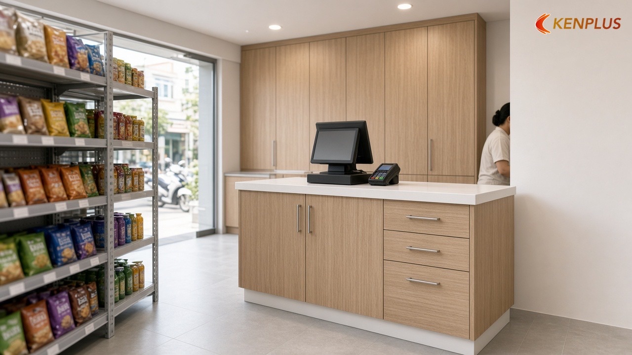Kệ gỗ phủ melamine: đặt ở đâu thì hợp? — Kệ tôn hay kệ gỗ cho cửa hàng tiện lợi mini Kệ gỗ phủ melamine: đặt ở đâu thì hợp? — Kệ tôn hay kệ gỗ cho cửa hàng tiện lợi mini