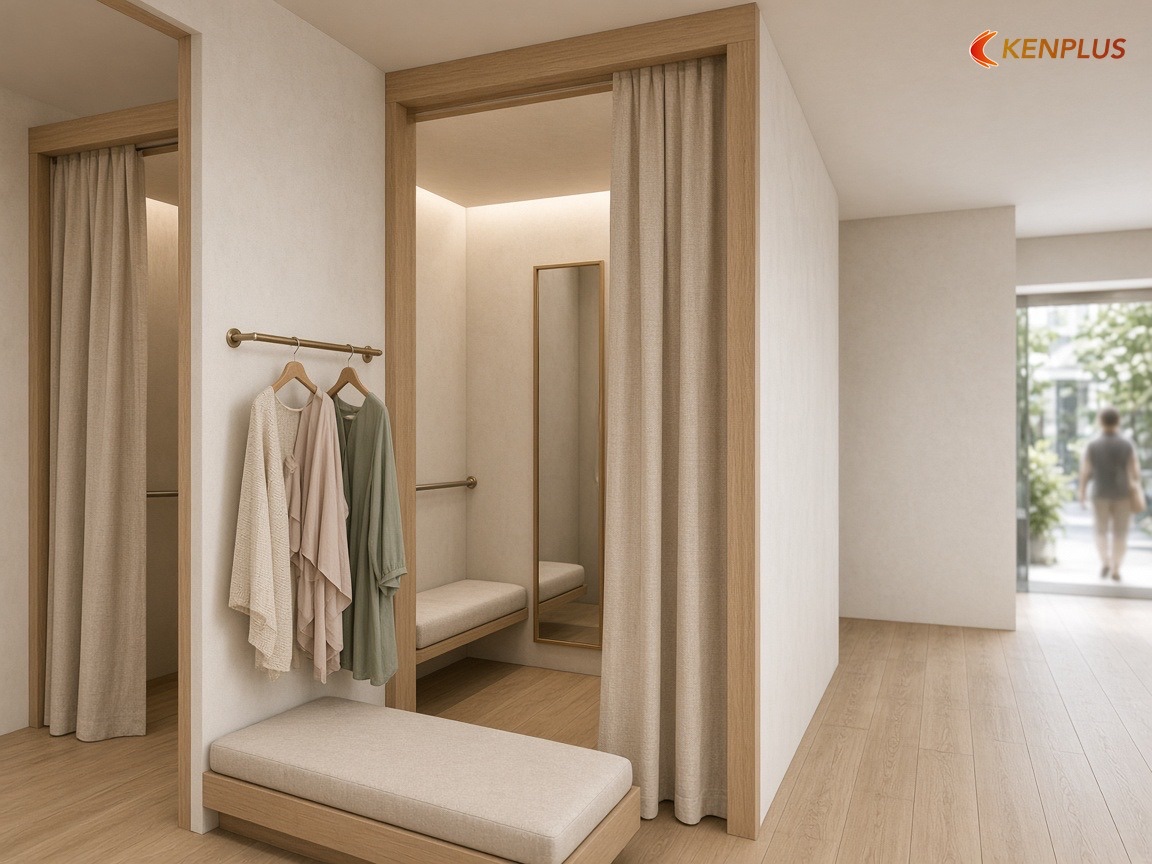 Phòng thử và chỗ treo đồ chờ — Kích thước giá treo shop thời trang nữ bao nhiêu hợp lý Phòng thử và chỗ treo đồ chờ — Kích thước giá treo shop thời trang nữ bao nhiêu hợp lý