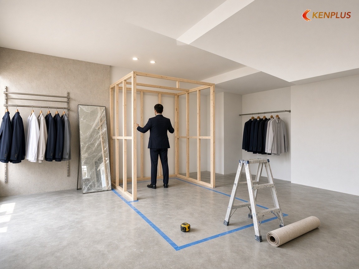 Khoá kích thước phòng thử và tường treo trước khi lắp gương — Kinh nghiệm thi công shop thời trang nam ít phát sinh Khoá kích thước phòng thử và tường treo trước khi lắp gương — Kinh nghiệm thi công shop thời trang nam ít phát sinh