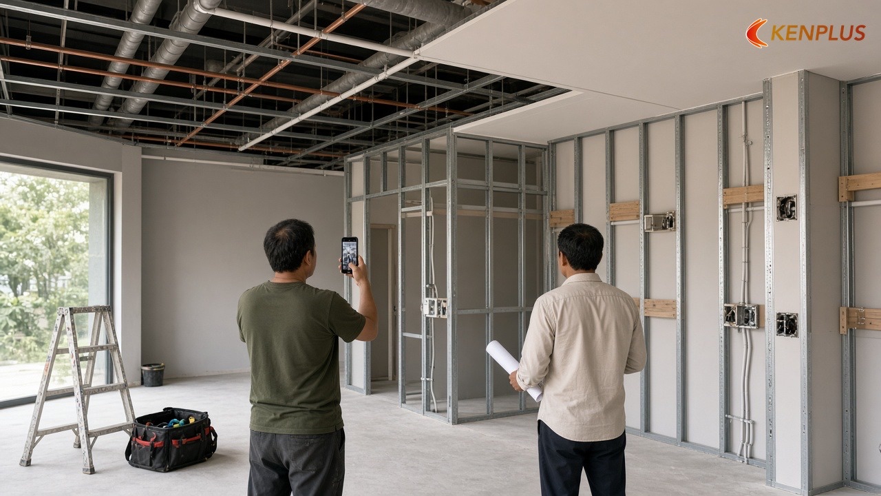 Nghiệm thu giữa kỳ — kiểm tra trước khi bịt tường — Kinh nghiệm thi công shop thời trang nam ít phát sinh Nghiệm thu giữa kỳ — kiểm tra trước khi bịt tường — Kinh nghiệm thi công shop thời trang nam ít phát sinh