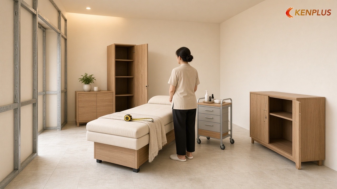 Chốt kích thước phòng từ đồ thật, trước khi xây vách — Kinh nghiệm thi công spa chăm sóc da ít phát sinh
