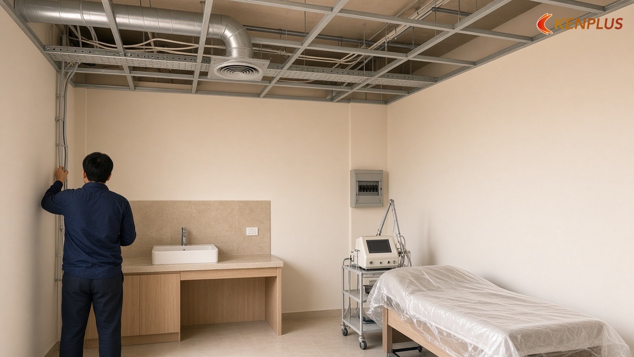 Điện, quạt hút và máy — xong trước khi đóng trần — Kinh nghiệm thi công spa chăm sóc da ít phát sinh