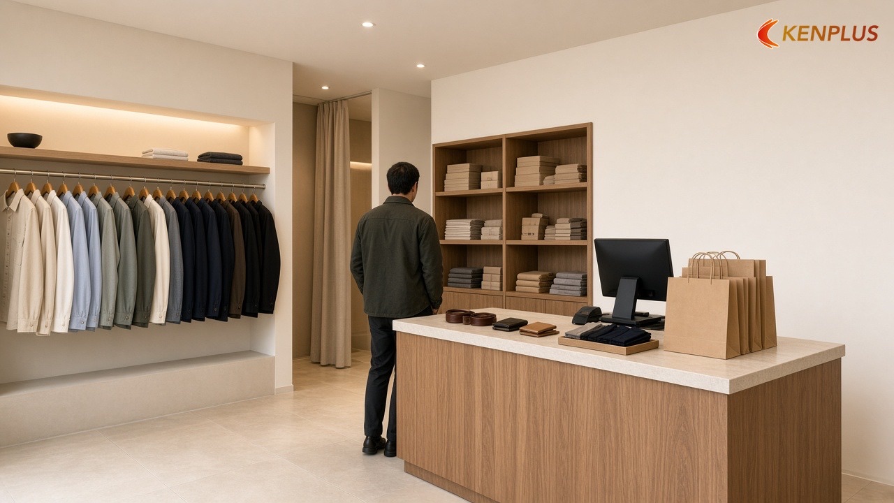 Khu 4: Quầy thu ngân — Mặt bằng shop thời trang nam 80m² bố trí thế nào Khu 4: Quầy thu ngân — Mặt bằng shop thời trang nam 80m² bố trí thế nào