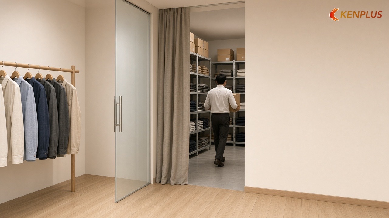 Khu 5: Kho và lối đi của nhân viên — Mặt bằng shop thời trang nam 80m² bố trí thế nào Khu 5: Kho và lối đi của nhân viên — Mặt bằng shop thời trang nam 80m² bố trí thế nào