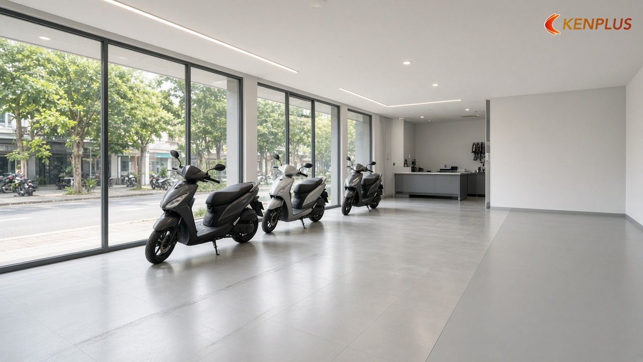 Sàn, trần và mặt tiền — Mặt bằng showroom xe máy 150m² bố trí thế nào