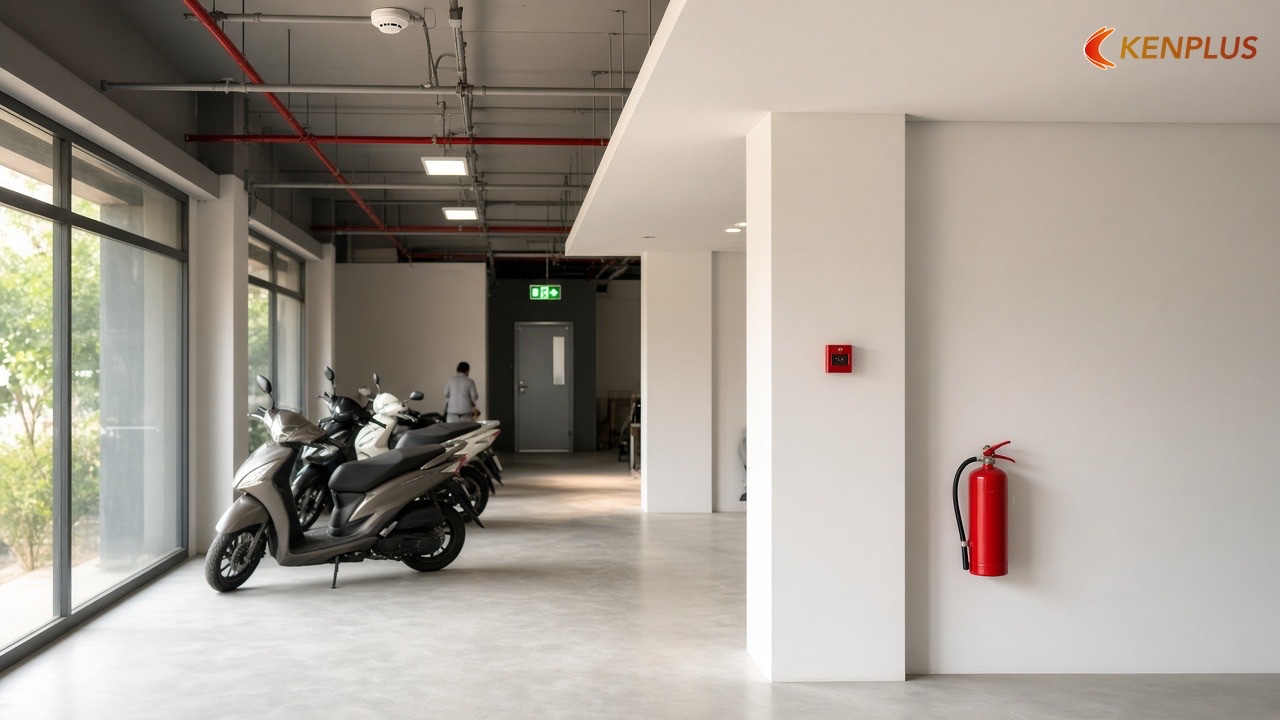 Phòng cháy và lối thoát nạn: hỏi trước khi đóng trần — Mặt bằng showroom xe máy 150m² bố trí thế nào