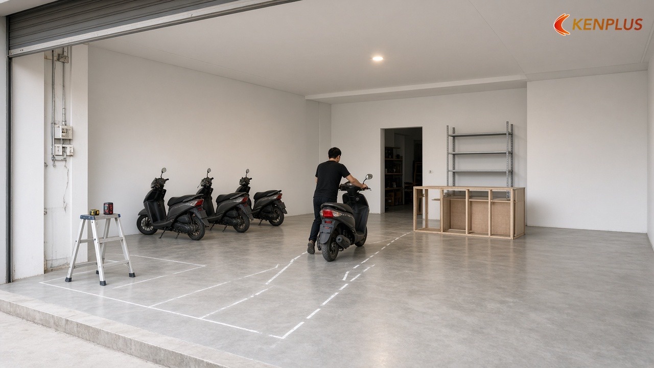 Các bước từ mặt bằng trống tới ngày mở cửa — Mặt bằng showroom xe máy 150m² bố trí thế nào