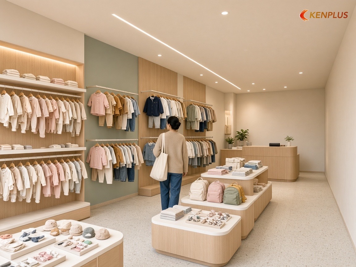 Phân vùng cho mặt bằng dưới 50 m² — Mẫu shop thời trang trẻ em hiện đại cho mặt bằng nhỏ