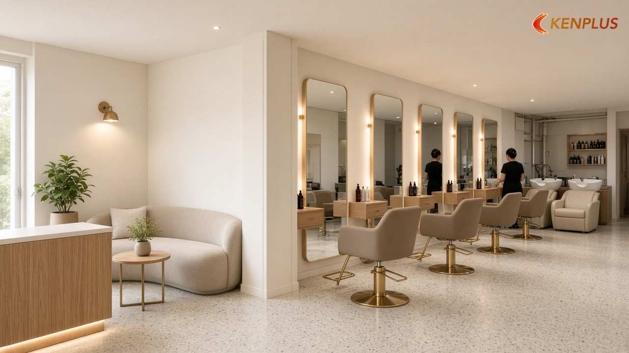 Mẫu 2 — Chữ L: tách khu chờ khỏi hàng ghế cắt — Mẫu thiết kế salon tóc nữ đẹp, dễ thi công
