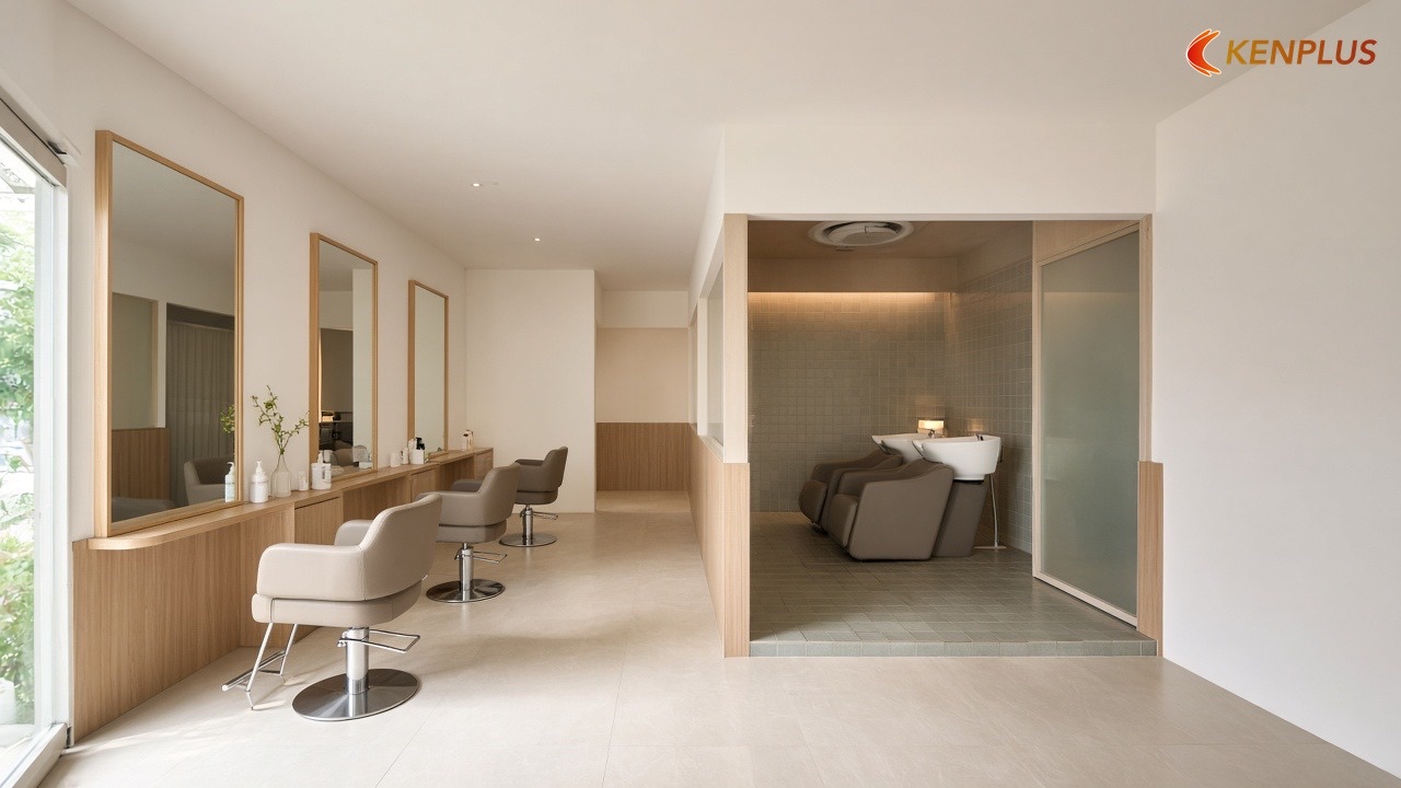Mẫu 3 — Tách gội thành khoang ướt riêng — Mẫu thiết kế salon tóc nữ đẹp, dễ thi công