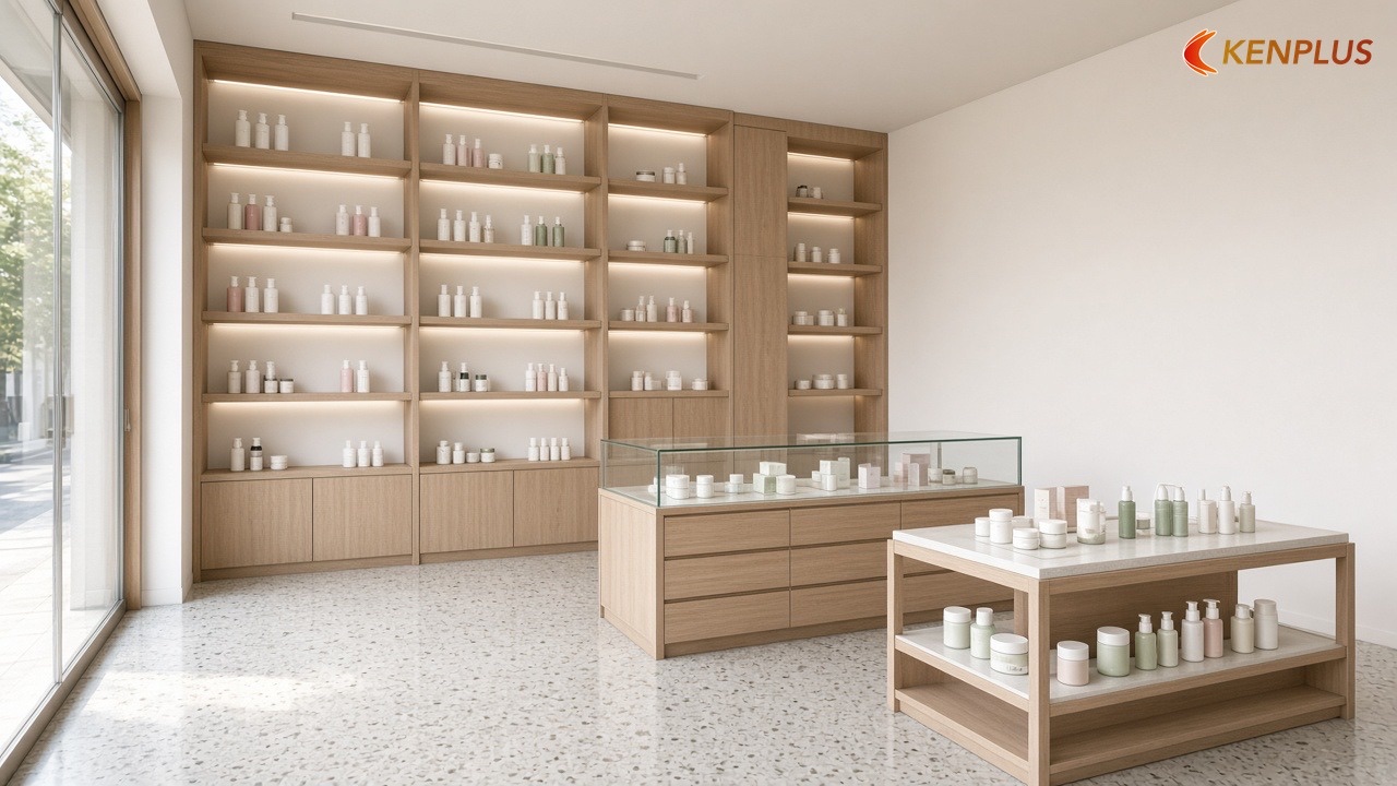 Kích thước kệ, tủ mỹ phẩm tham khảo khi đặt xưởng gỗ — MDF hay plywood cho shop mỹ phẩm Hàn Quốc Kích thước kệ, tủ mỹ phẩm tham khảo khi đặt xưởng gỗ — MDF hay plywood cho shop mỹ phẩm Hàn Quốc