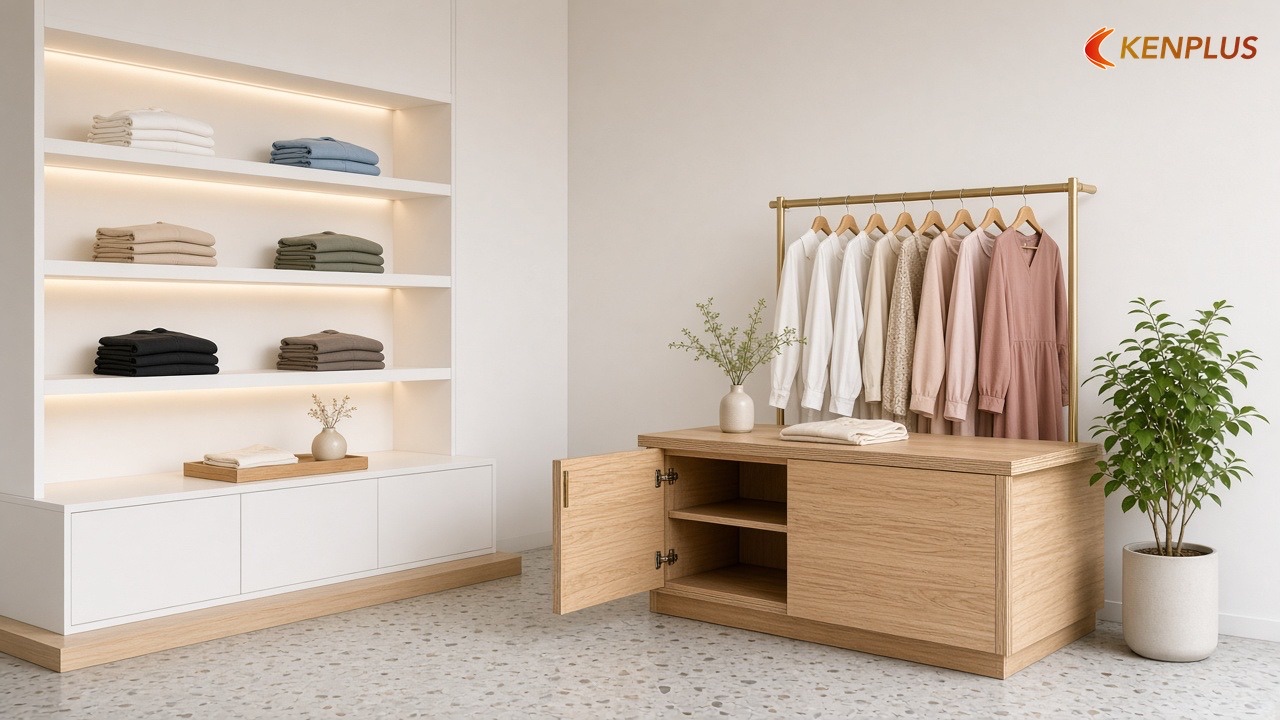 So sánh nhanh MDF melamine và plywood, veneer — MDF hay plywood cho shop thời trang nữ So sánh nhanh MDF melamine và plywood, veneer — MDF hay plywood cho shop thời trang nữ