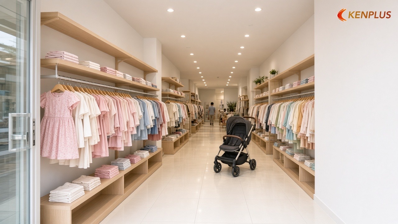Bảng mật độ giá treo, kệ cho shop trẻ em 50m² — Mở shop thời trang trẻ em 50m² cần bao nhiêu tiền