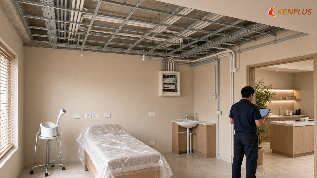Bảng điện nước từng phòng cần chốt trước khi đóng trần — Mở spa trị liệu 80m² cần bao nhiêu tiền Bảng điện nước từng phòng cần chốt trước khi đóng trần — Mở spa trị liệu 80m² cần bao nhiêu tiền