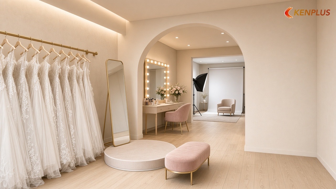 Sơ đồ showroom – makeup – studio và ghi chú pháp lý — Mở studio áo cưới cần giấy phép gì