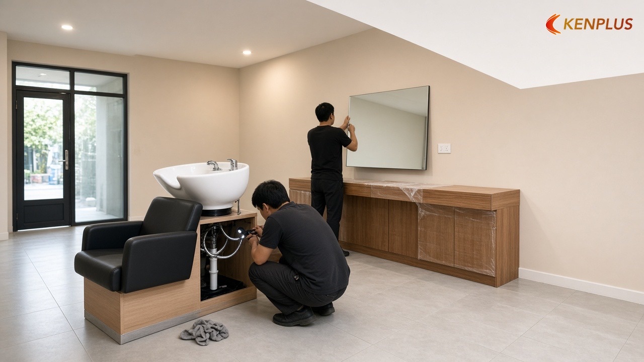 Lắp bàn gương, ghế gội và đèn — Quy trình thi công salon tóc nữ từ A đến Z