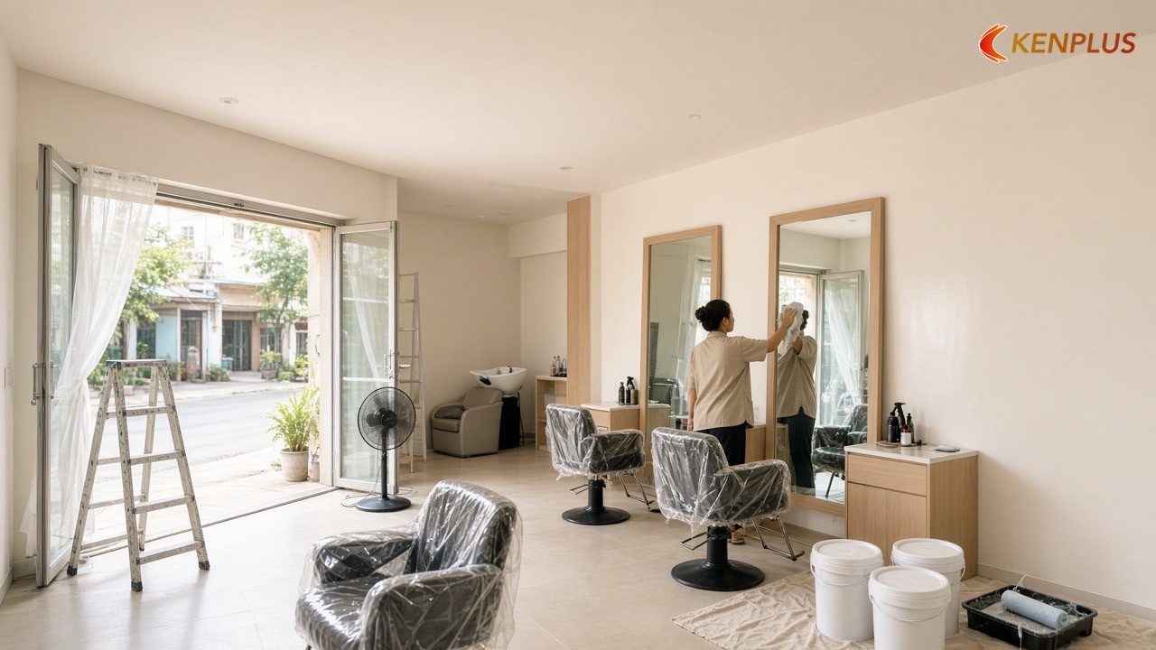 Hoàn thiện, biển hiệu và chạy thử — Quy trình thi công salon tóc nữ từ A đến Z