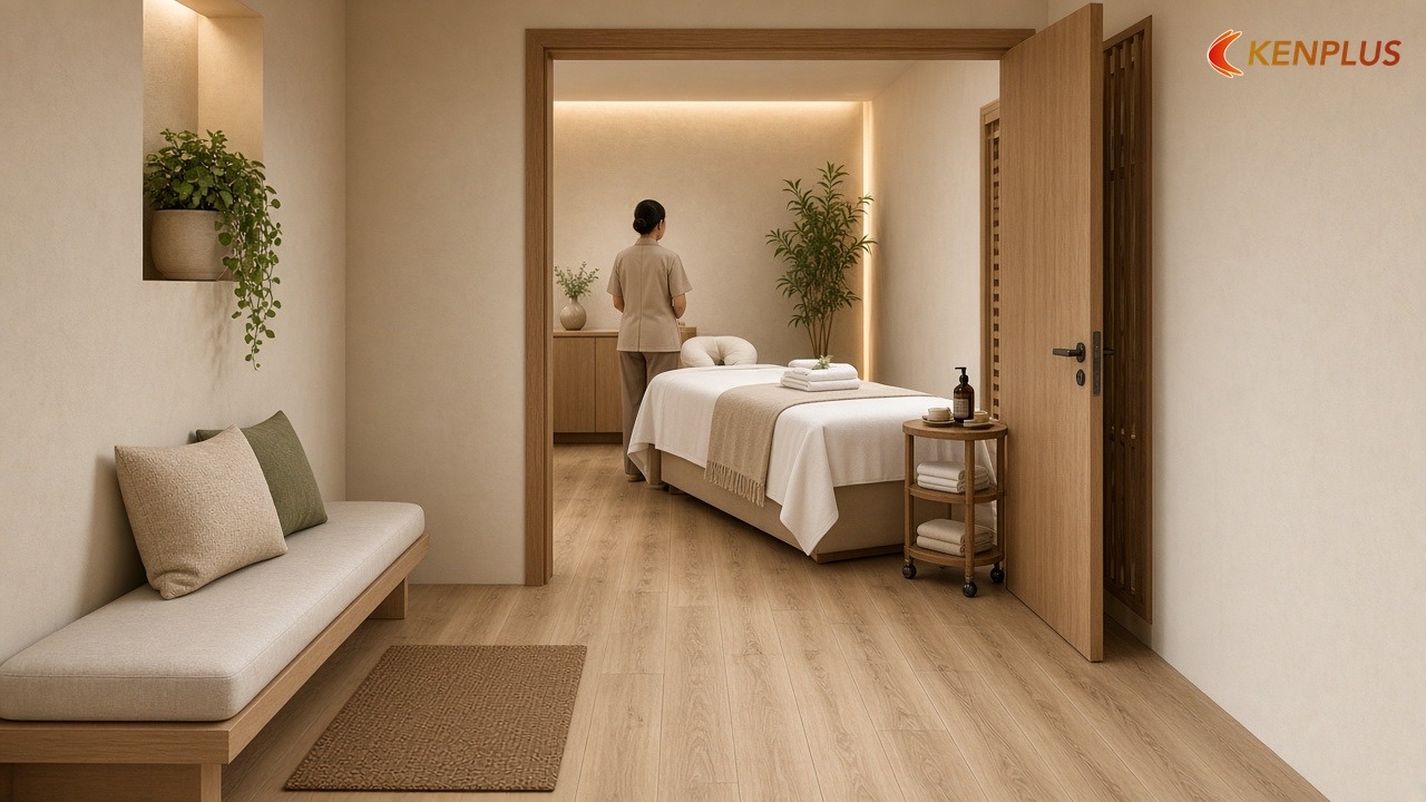 Khu nào lát SPC, khu nào lát gạch — Sàn SPC hay gạch cho spa mini