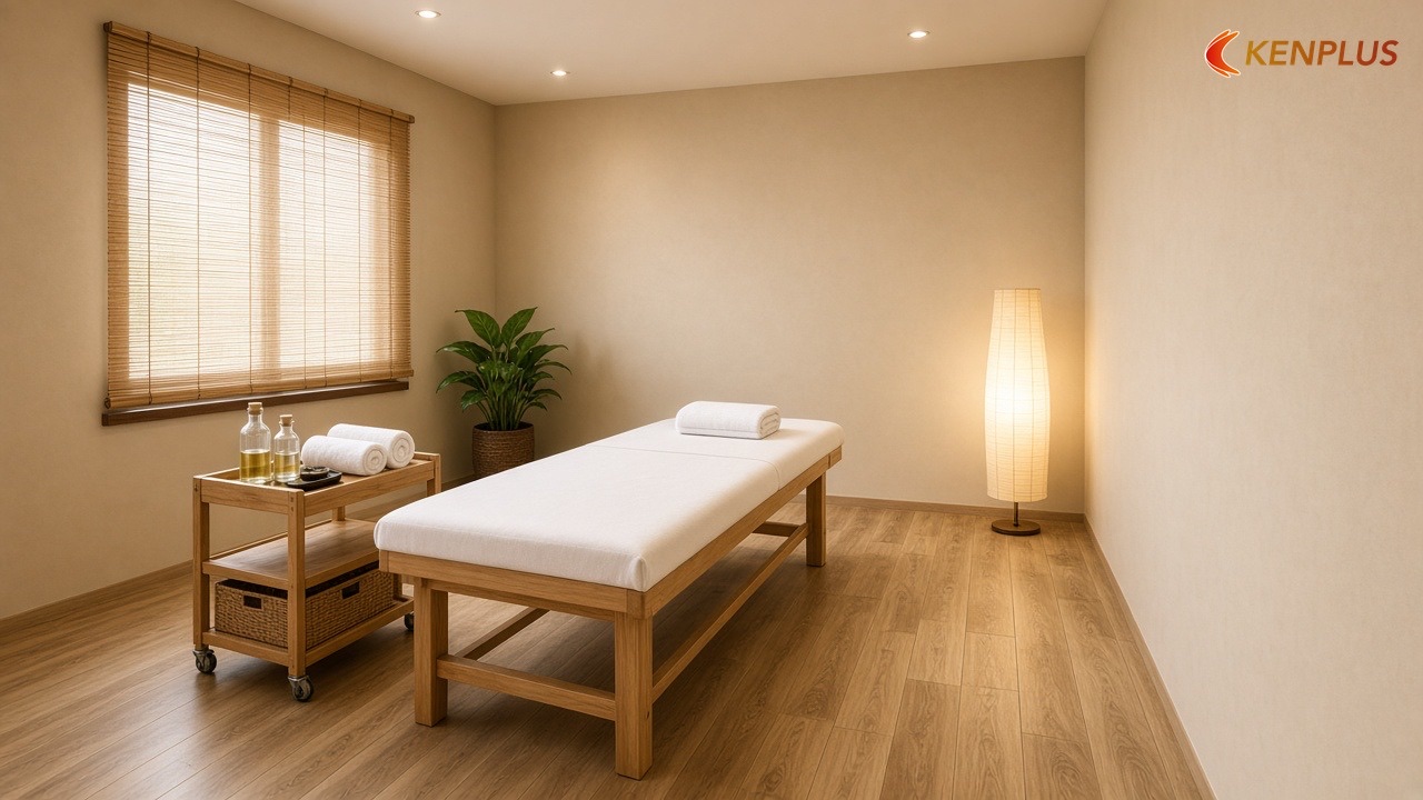Vùng sàn quanh giường và lối đi rộng bao nhiêu — Sàn SPC hay gạch cho spa mini