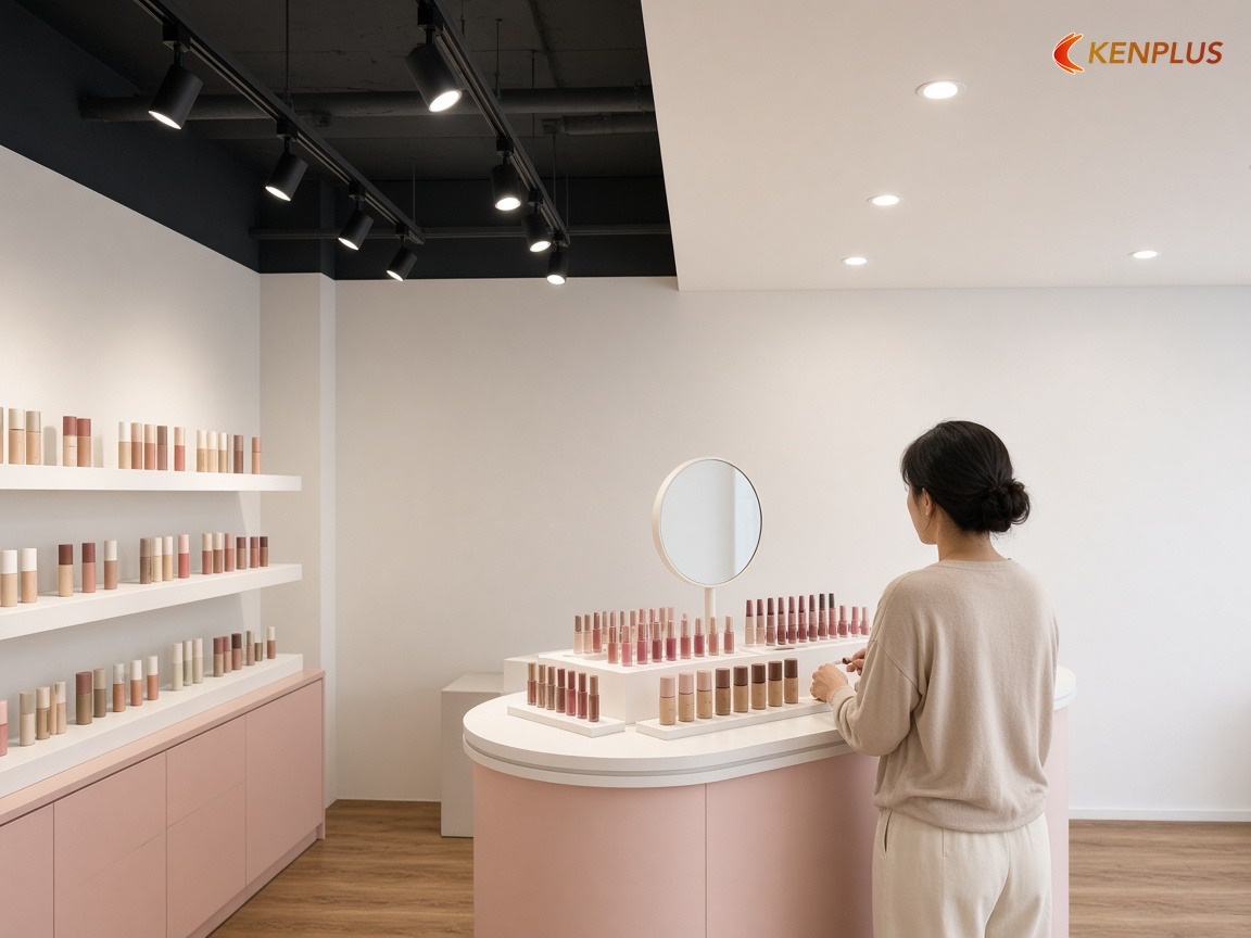 Ánh sáng cho khu thử sản phẩm — nên bố trí đèn theo kiểu trần nào — Shop mỹ phẩm Hàn Quốc: trần mở hay trần thạch cao