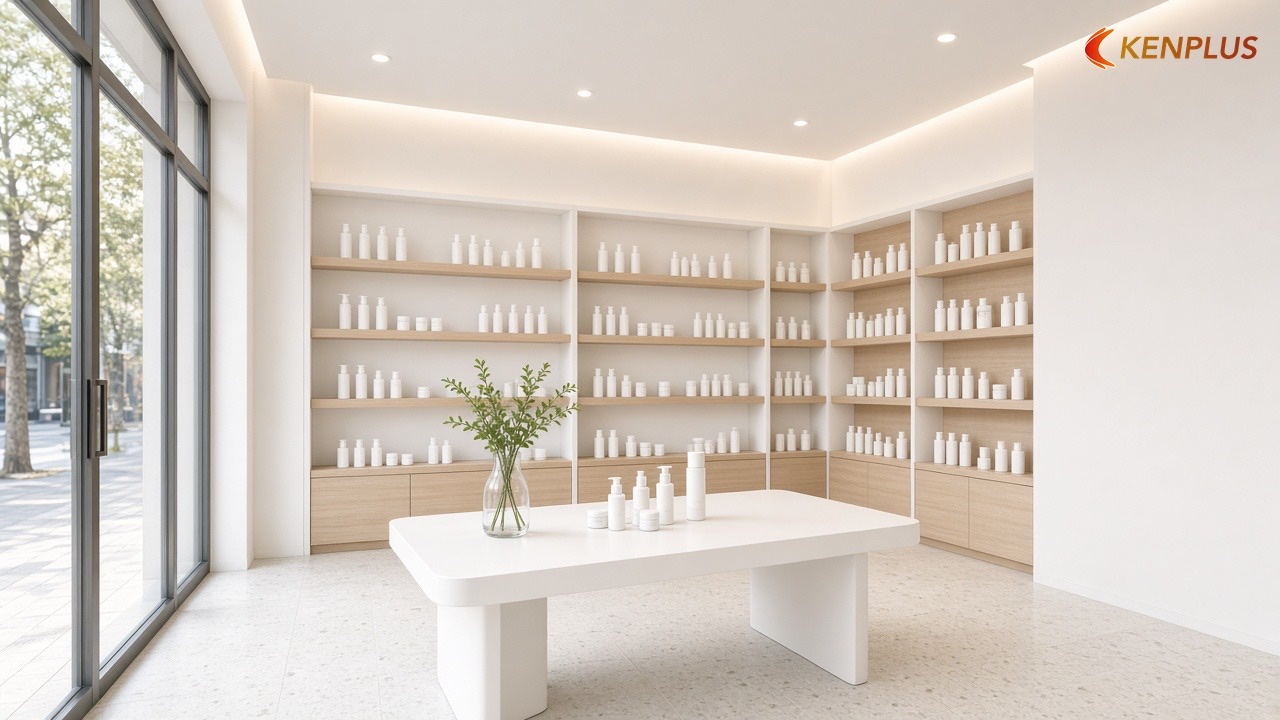 Chọn trần theo phong cách thương hiệu bạn muốn — Shop mỹ phẩm Hàn Quốc: trần mở hay trần thạch cao