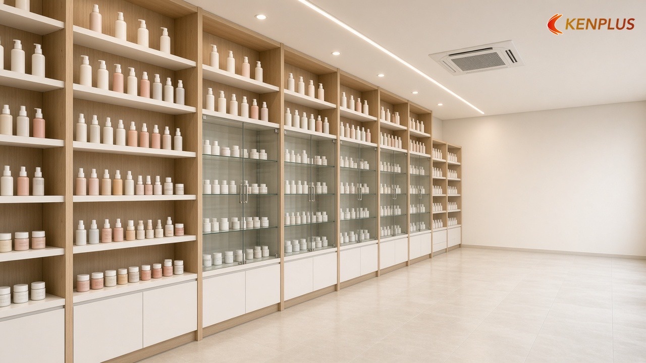 Bảng kích thước tủ, kệ trưng bày — vì sao liên quan tới trần — Shop mỹ phẩm Hàn Quốc: trần mở hay trần thạch cao